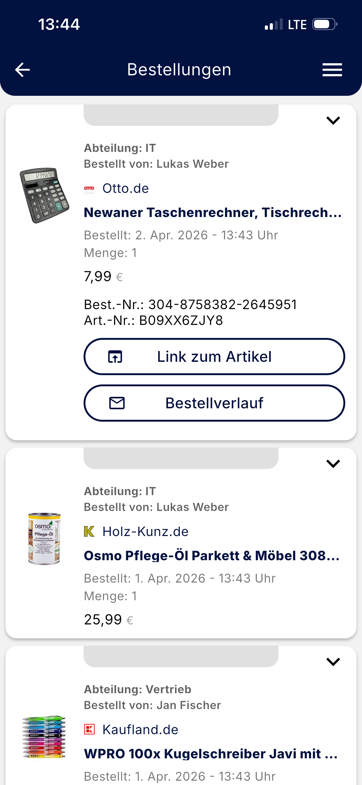 Bestellungen in der App
